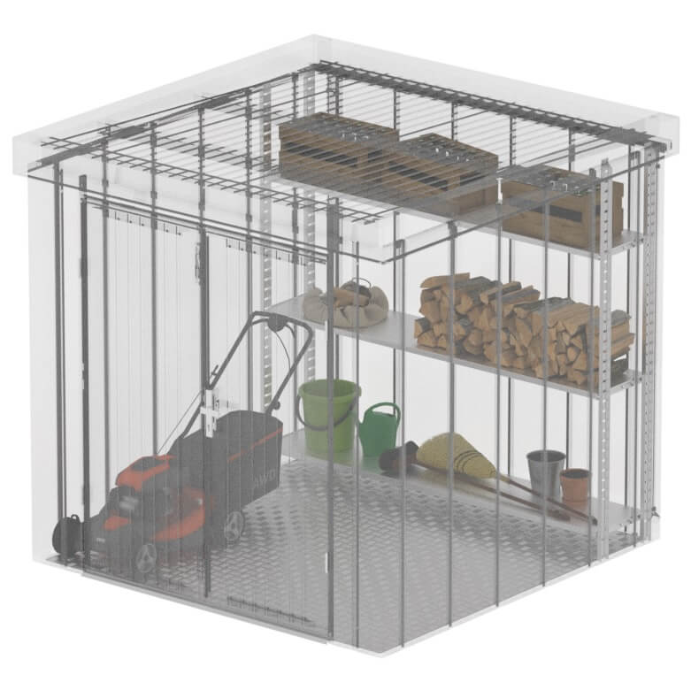 Innenansicht der ILESTO Gartenhütte John mit Regalsystem an der Rückwand angebracht