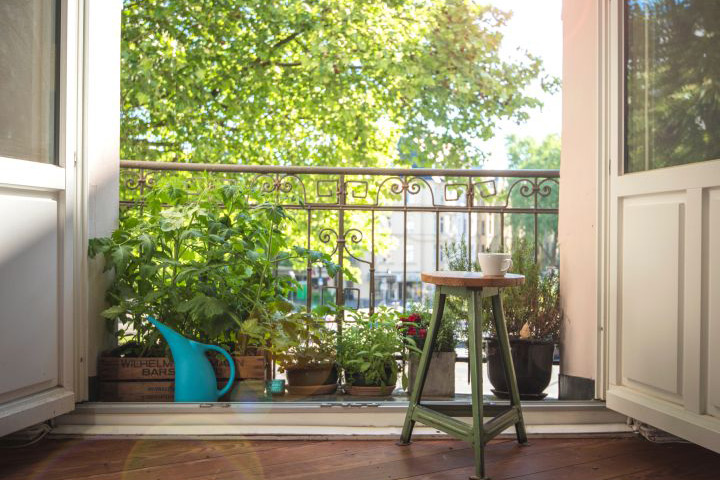 Gartenkräuter in Töpfen vor einem geöffneten französischen Balkon