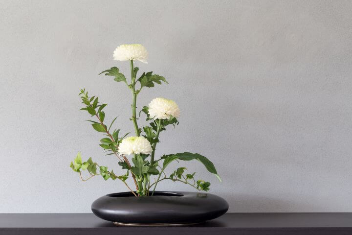Ikebana Arrangement, weiße Blumen in schwarzer Blumenvase, dahinter eine graue Mauer
