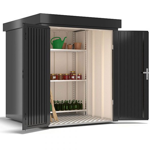 Ilesto garden shed in anthracite opened and visible from the side with a shelf in it