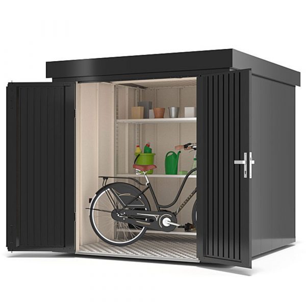 Ilesto garden shed made of steel in anthracite opened and in it a shelf and bicycle