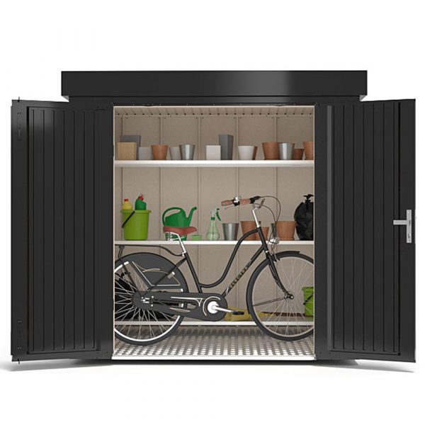 Ilesto garden shed made of steel in anthracite opened and pictured from the front so that a shelf and bicycle is visible