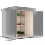 Ilesto garden shed made of steel in silver with opened doors and a shelf in it