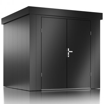 Ilesto garden shed made of steel in anthracite pictured from the front with closed doors