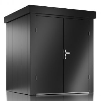 Ilesto garden shed made of steel in anthracite pictured from the front with closed doors