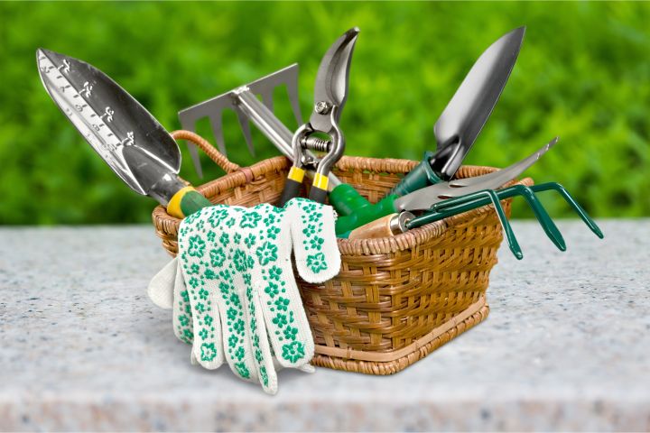 Gartengeräte: Gartenschaufel, Gartenschere, Gartenhandschuhe und ein kleiner Rechen liegen in einem Korb aus Bast