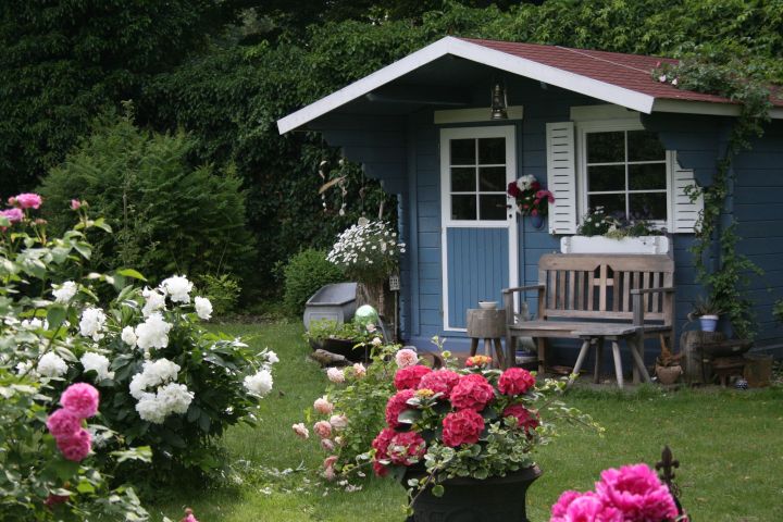 Blaues Gartenhaus in einem Garten mit vielen Rosen