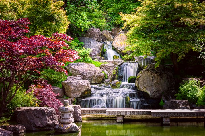 Wasserfall mit Ahornbäumen in einem japanischen Garten