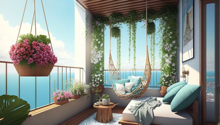 Hängematte über einem Bett, daneben ein Beistelltisch auf einem sonnigen Balkon